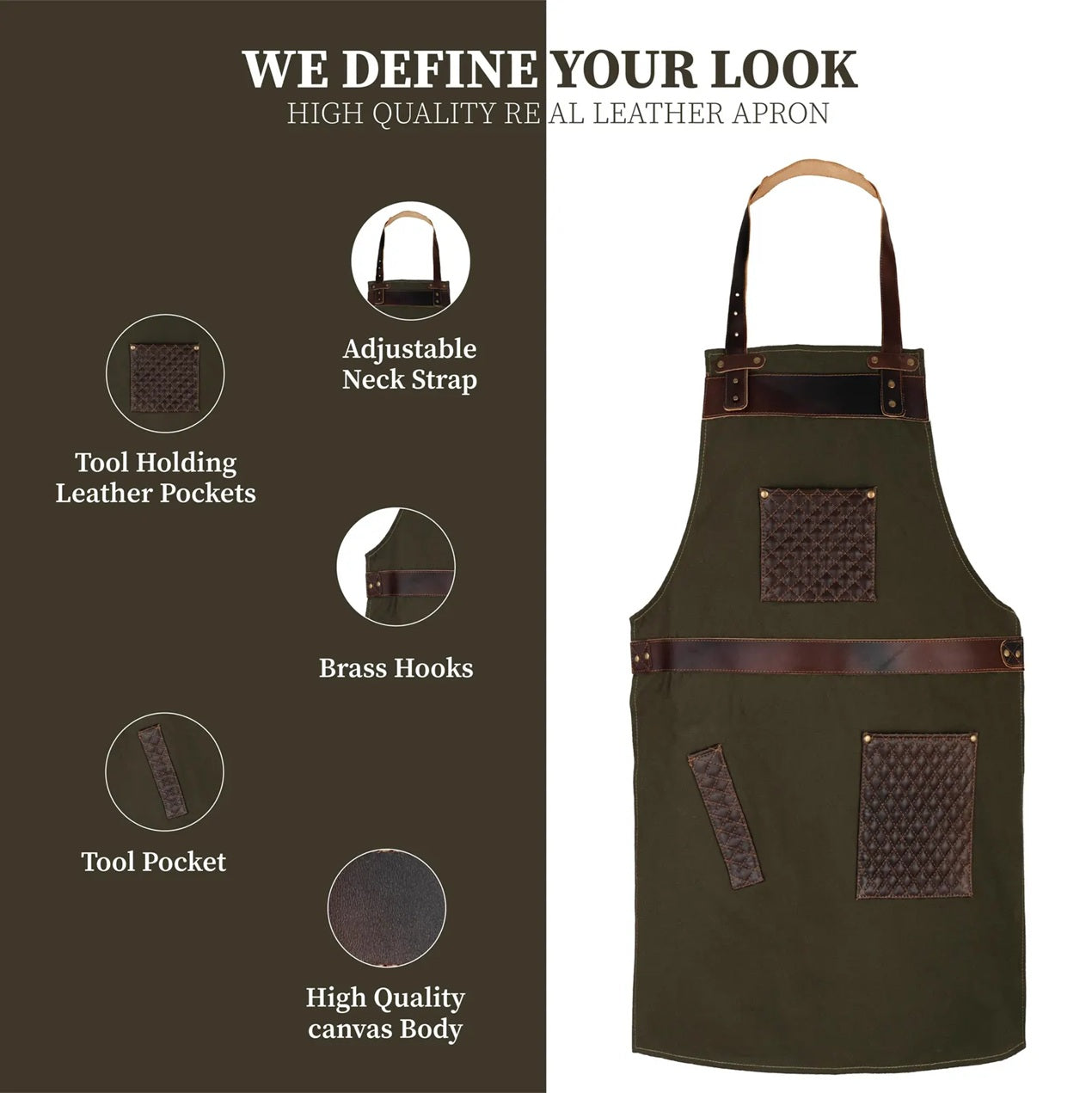 The Rhode Island Canvas Apron with handmade stitching on Leather pockets