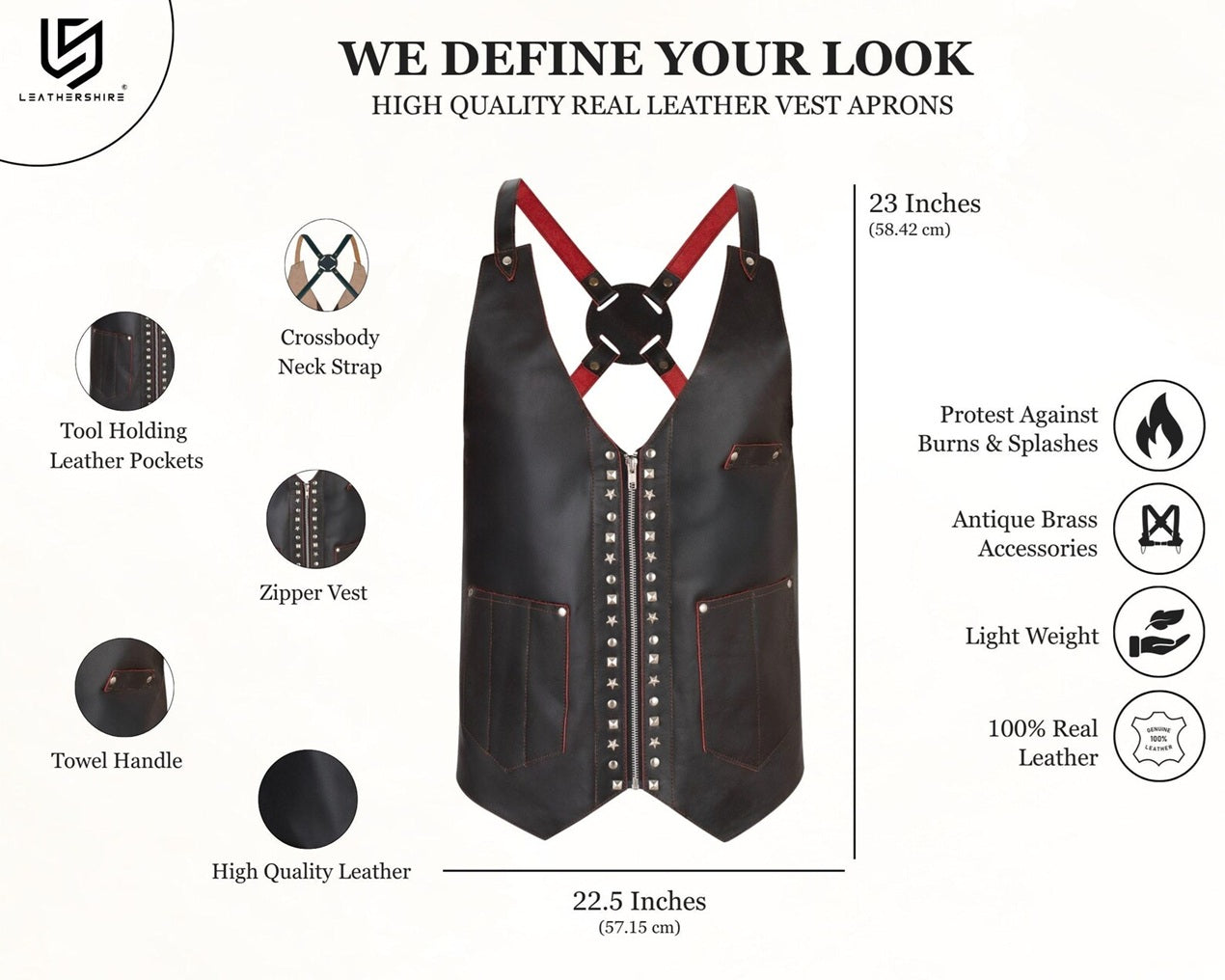 The Essex Chocolate Brown studd Leather Vest for Barbers and Bartenders