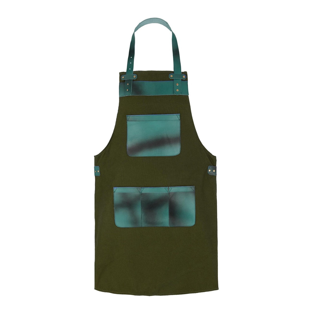 The Michigan Full Grain Handmade Green Leather Pocket Canvas Apron