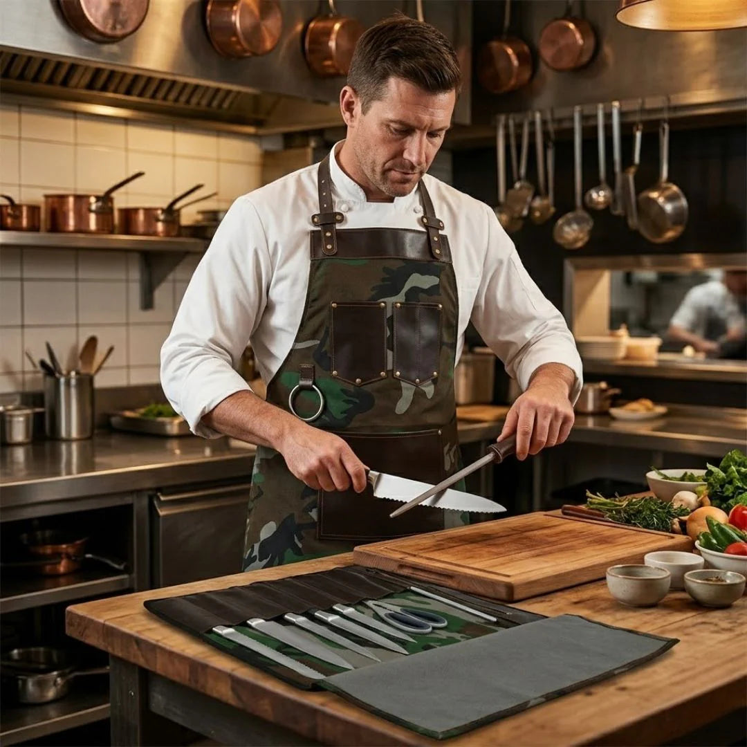 Chef Camo Dark Brown Leather apron and Roll Gift Set