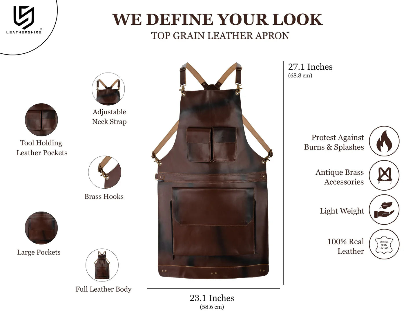 Dark Brown Full Grain Leather Apron with Cross Back Straps & Utility Pockets