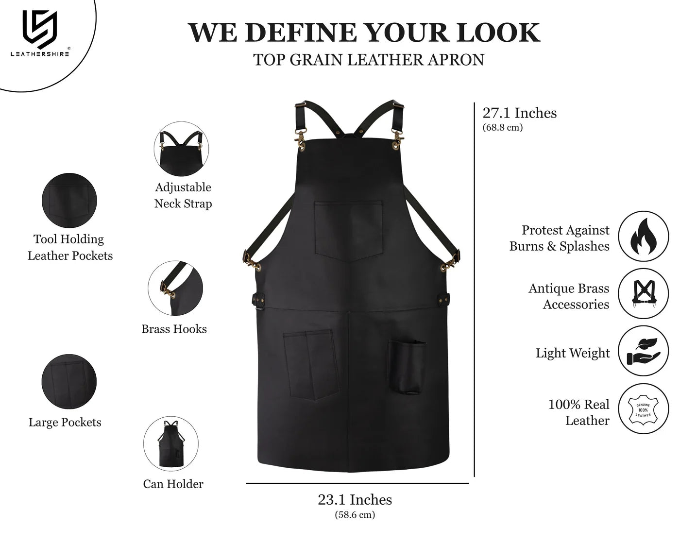 Handcrafted Black Full Grain Leather Apron with Tool Pockets | Adjustable Cross-Back Straps