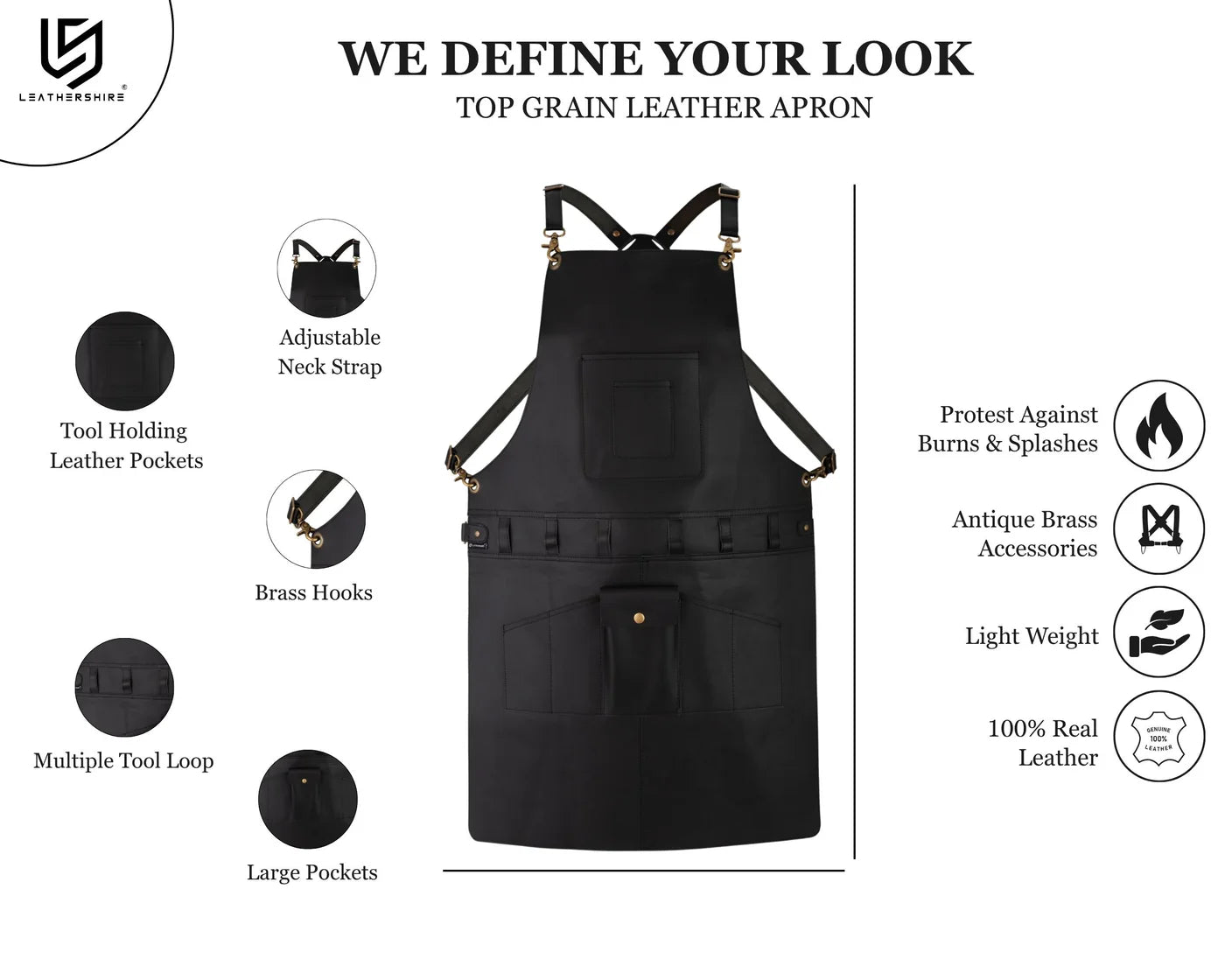 Premium Black Leather Utility Apron with Tool Organizer| Adjustable Cross-Back Harness