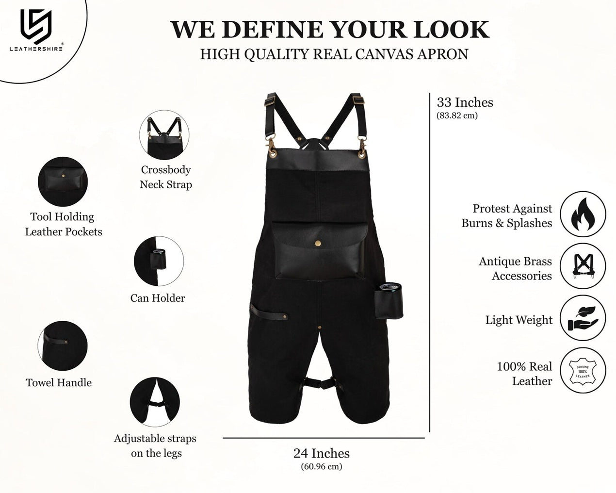 The Oregon Black Split Leg Canvas Apron with Can Holder Leather Pocket