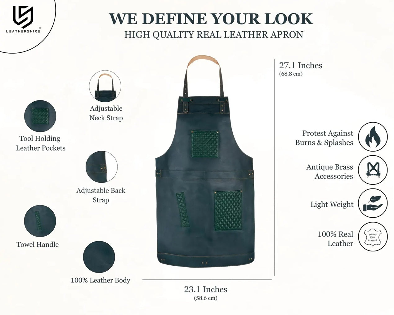The New Mexico Leather Apron with handmade stitching on Leather pockets