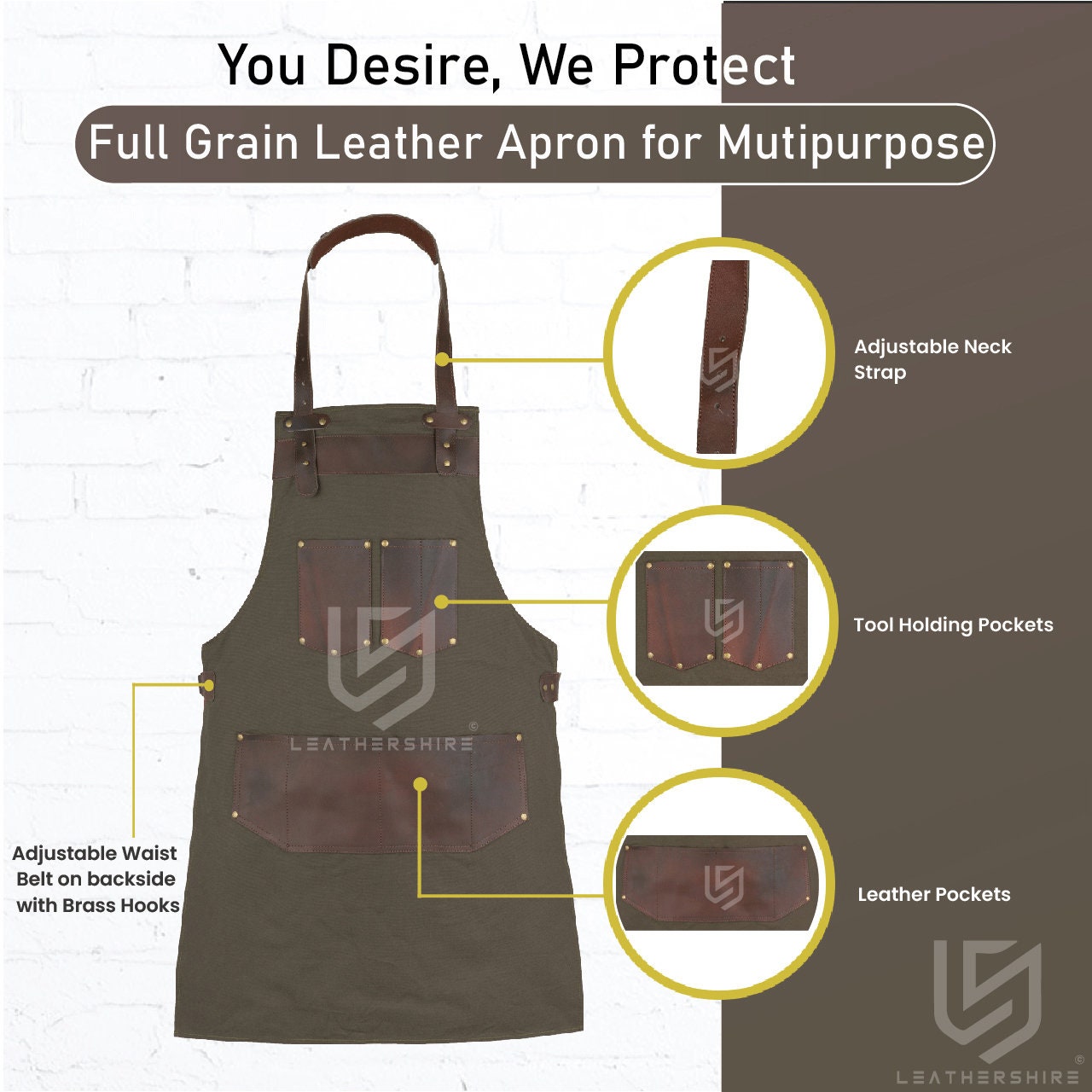 The North Carolina Top Grain Leather Green Canvas Apron - Free Customized Branding
