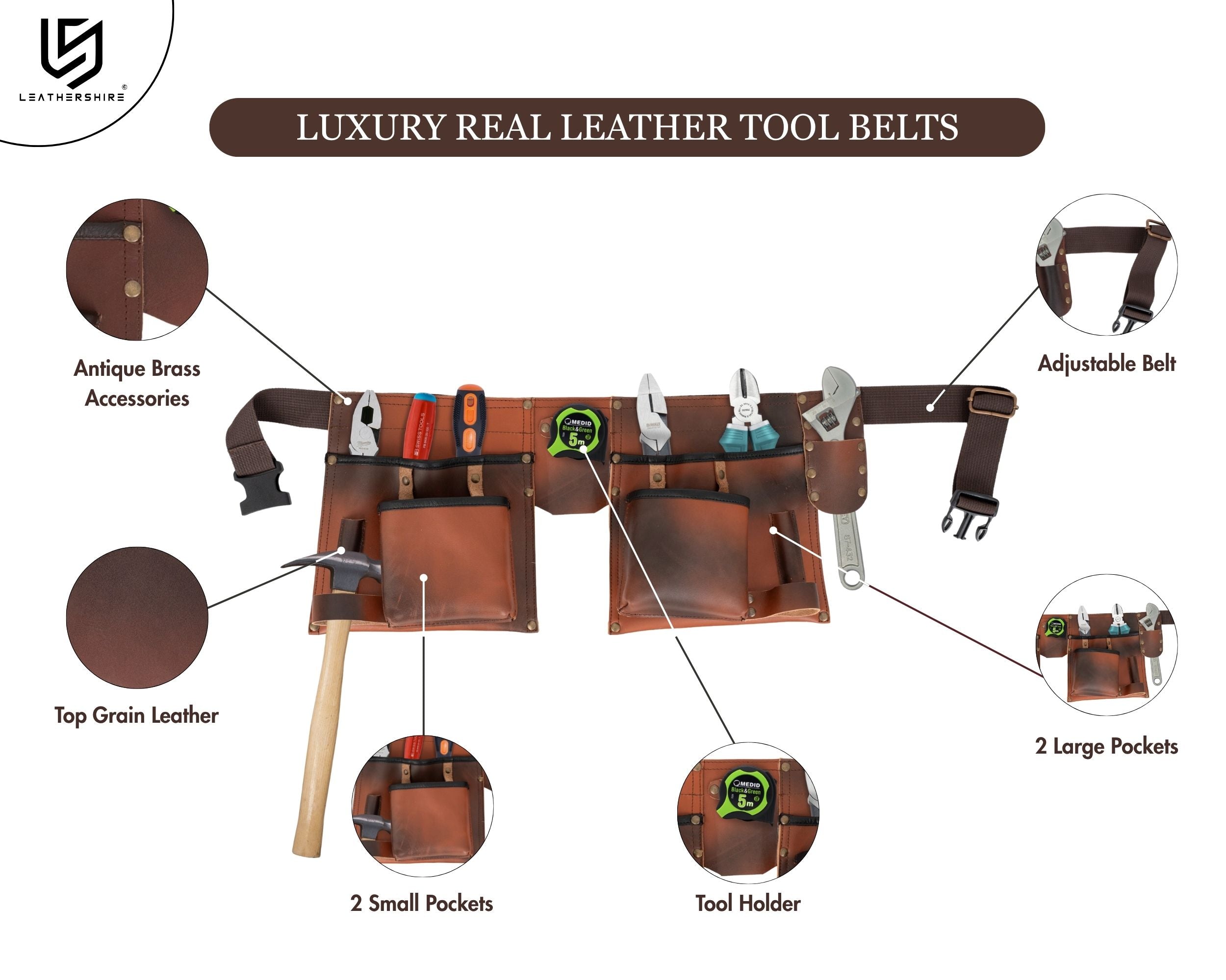 The Tan Brown Full Grain Leather Tool Belt Wrench Holder Mechanics Tool Belt