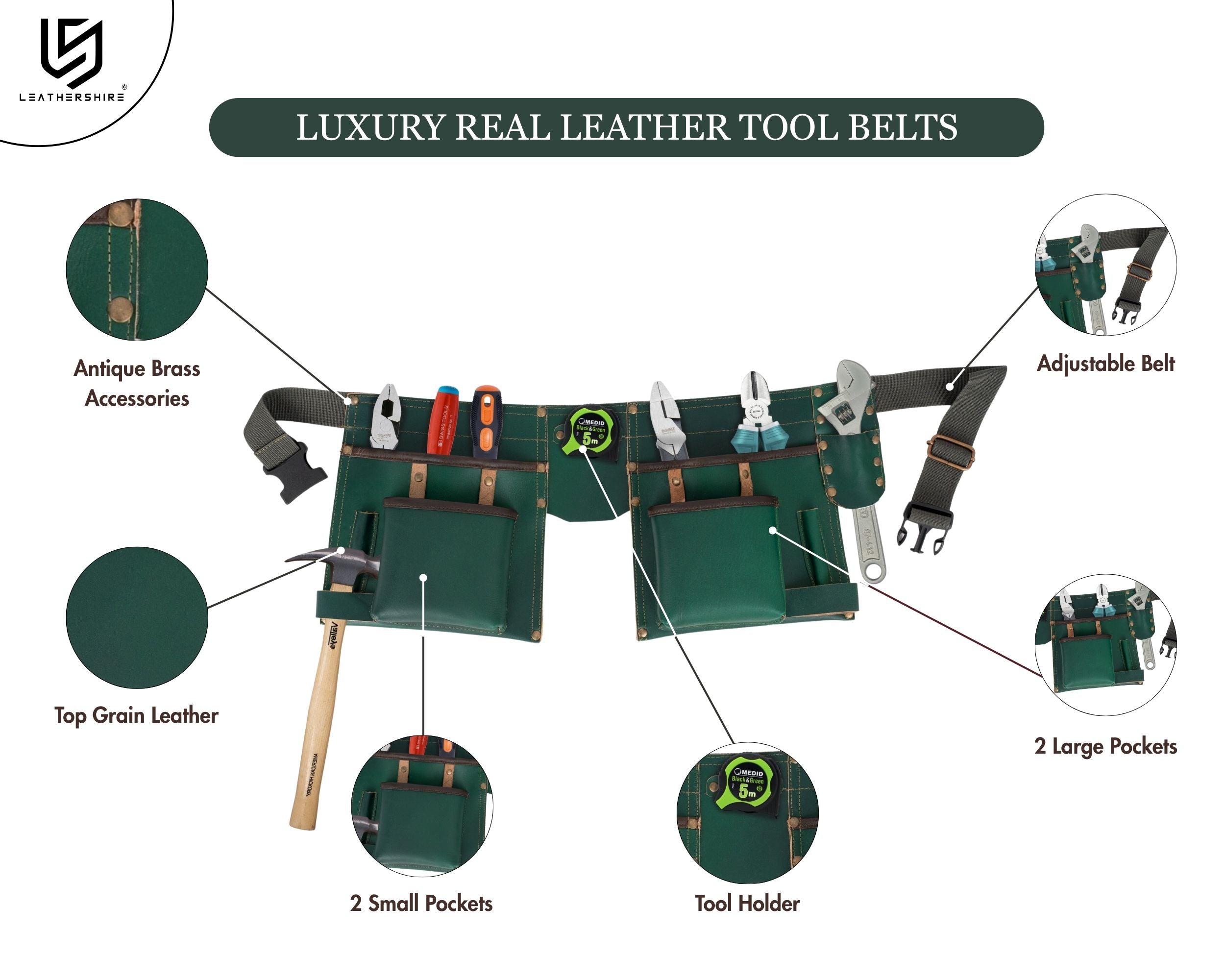 The Green Full Grain Leather Tool Belt Wrench Holder Mechanics Tool Belt