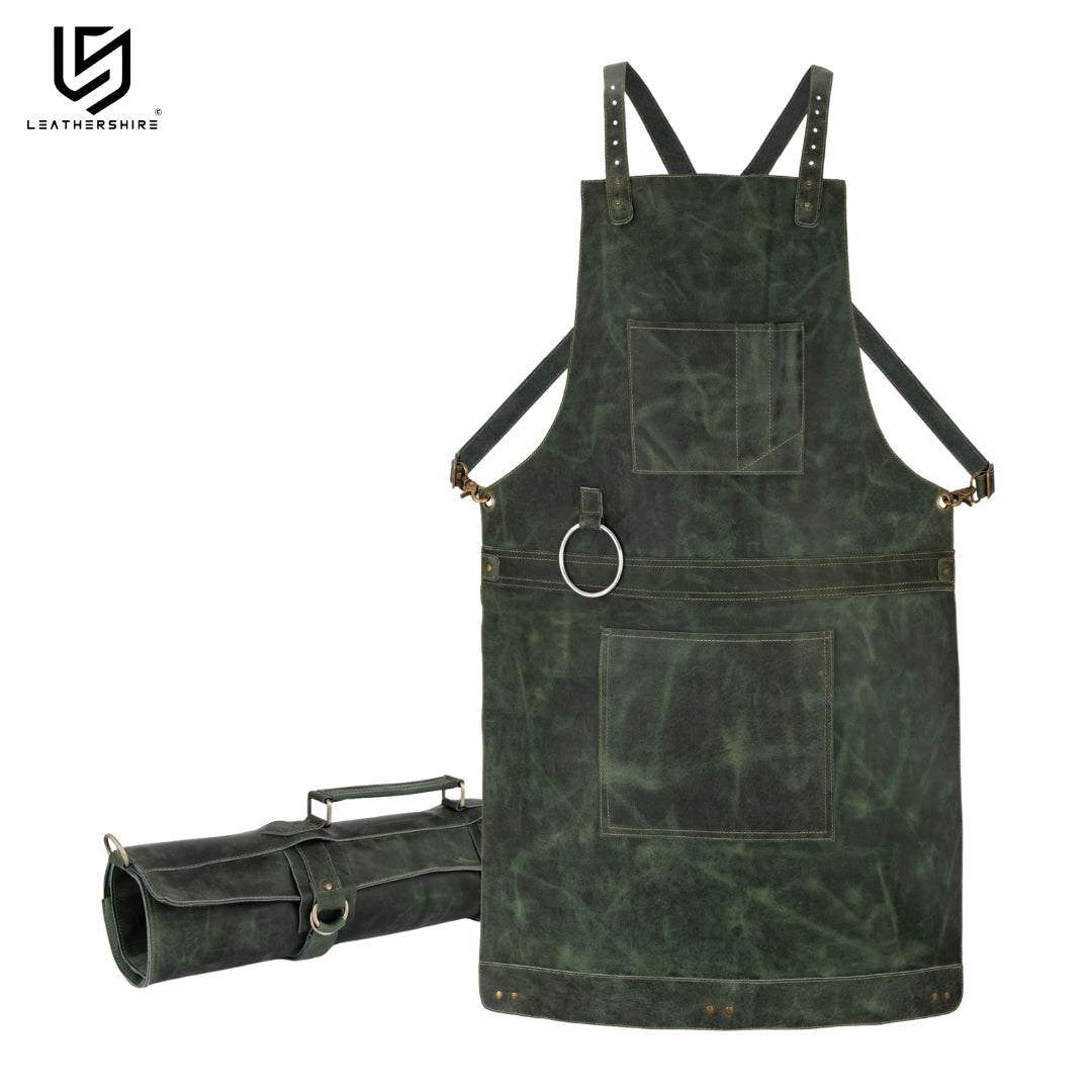 Olive Green Leather Crossbody apron and Roll Gift Set