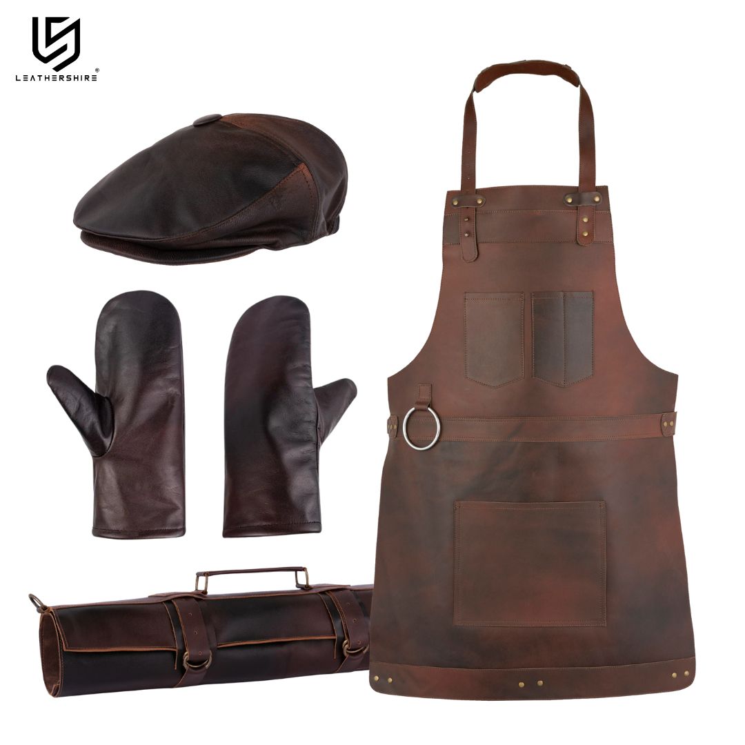 Dark brown Leather apron and Roll with Leather Mitts & Cap Gift Set - Chef Gift Set