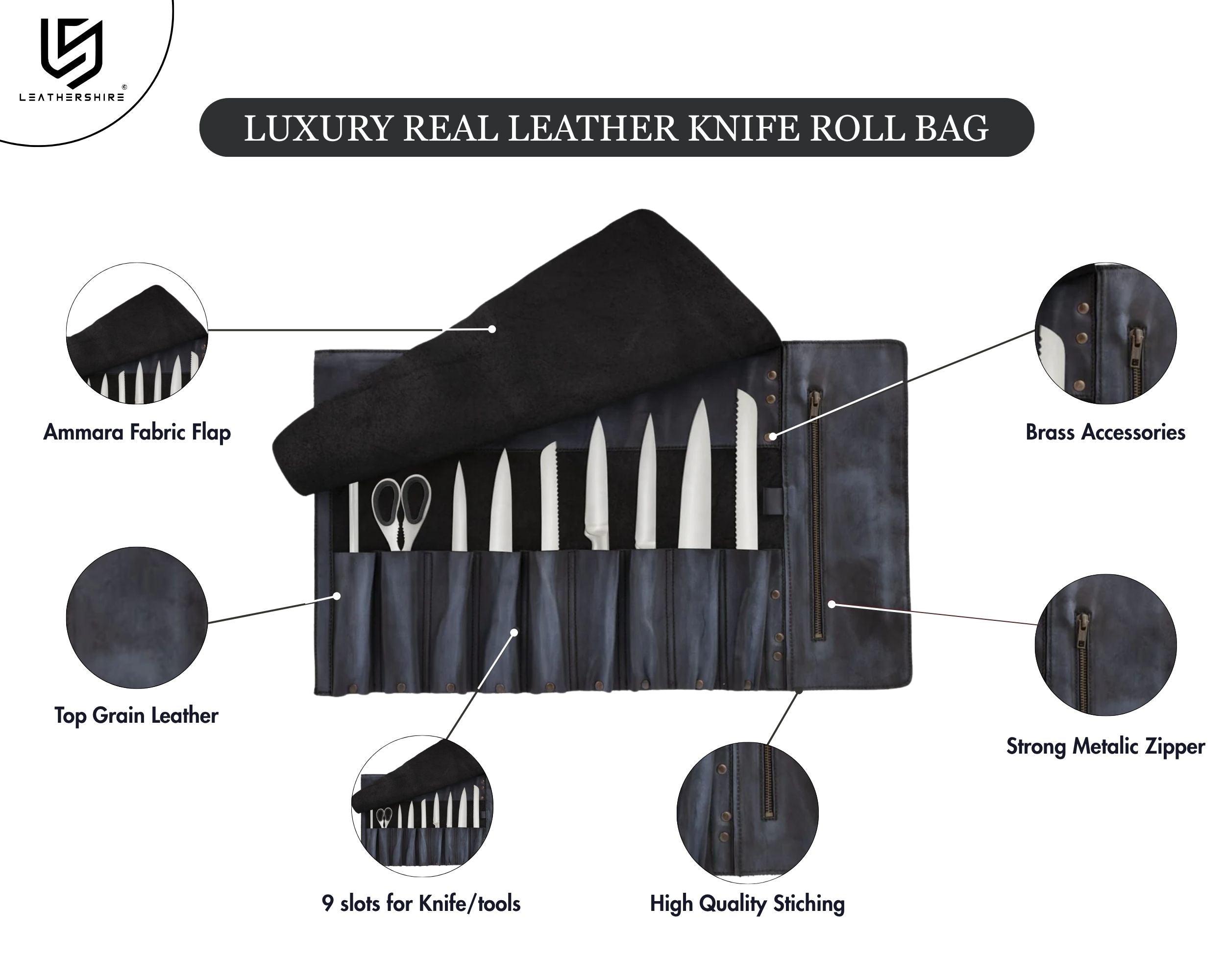 The Arkansas Black Wax 10 Pocket Handmade Leather Chef Roll