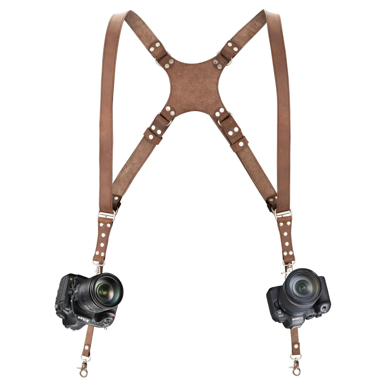 The Bedfordshire Dark Brown Leather Camera Harness Dual Camera Strap