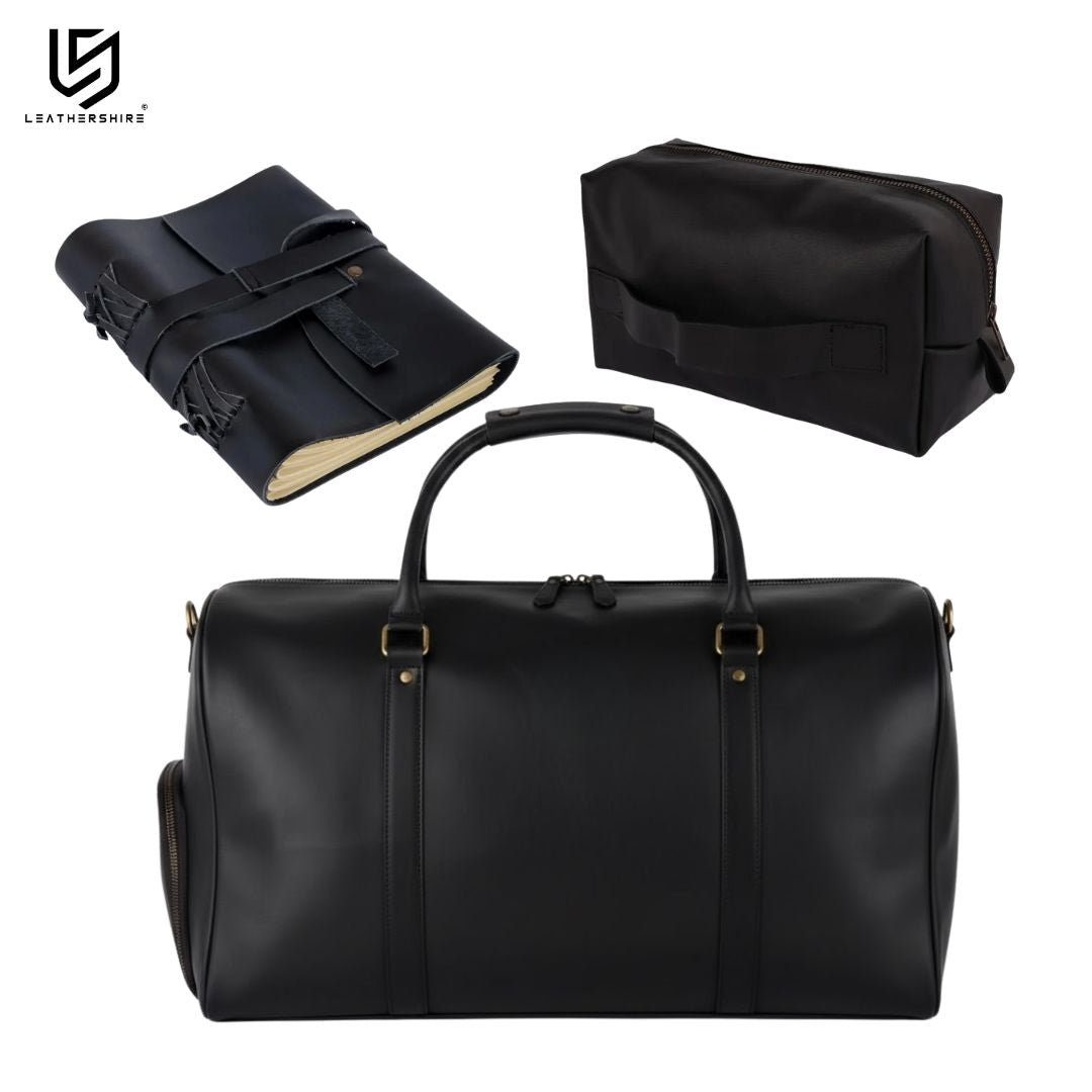 The Arizona Travel Kit (3-in-1) Black Leather Duffle Bag with Leather Shaving Bag & Leather Journal