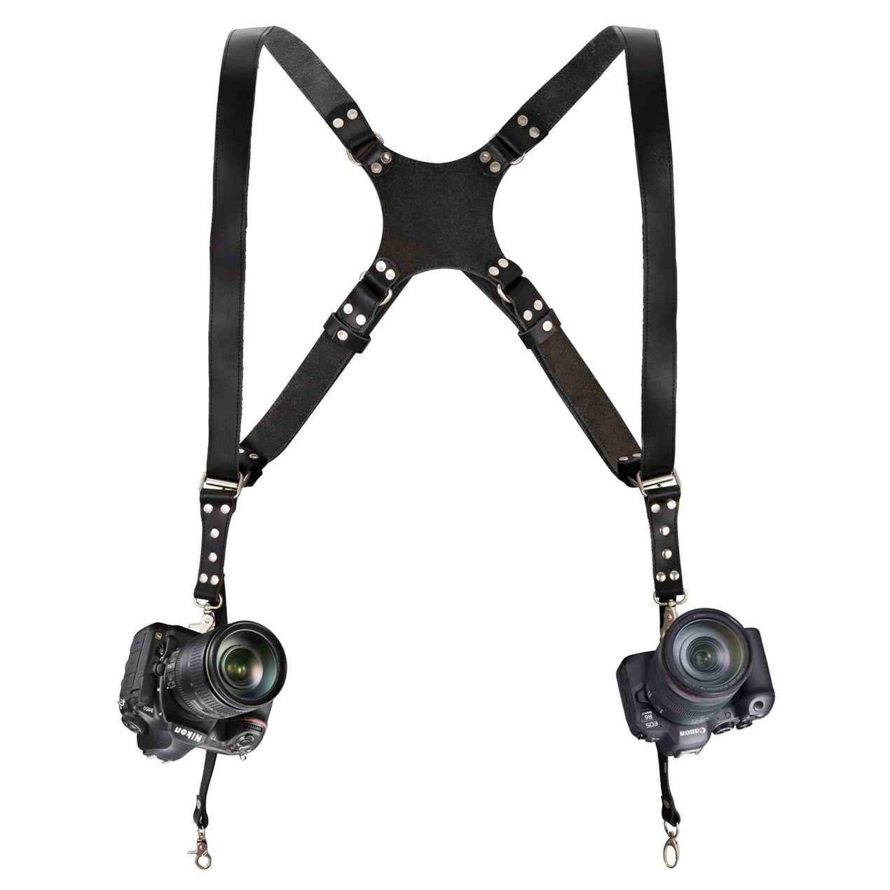 The Bedfordshire Black Leather Camera Harness Dual Camera Strap