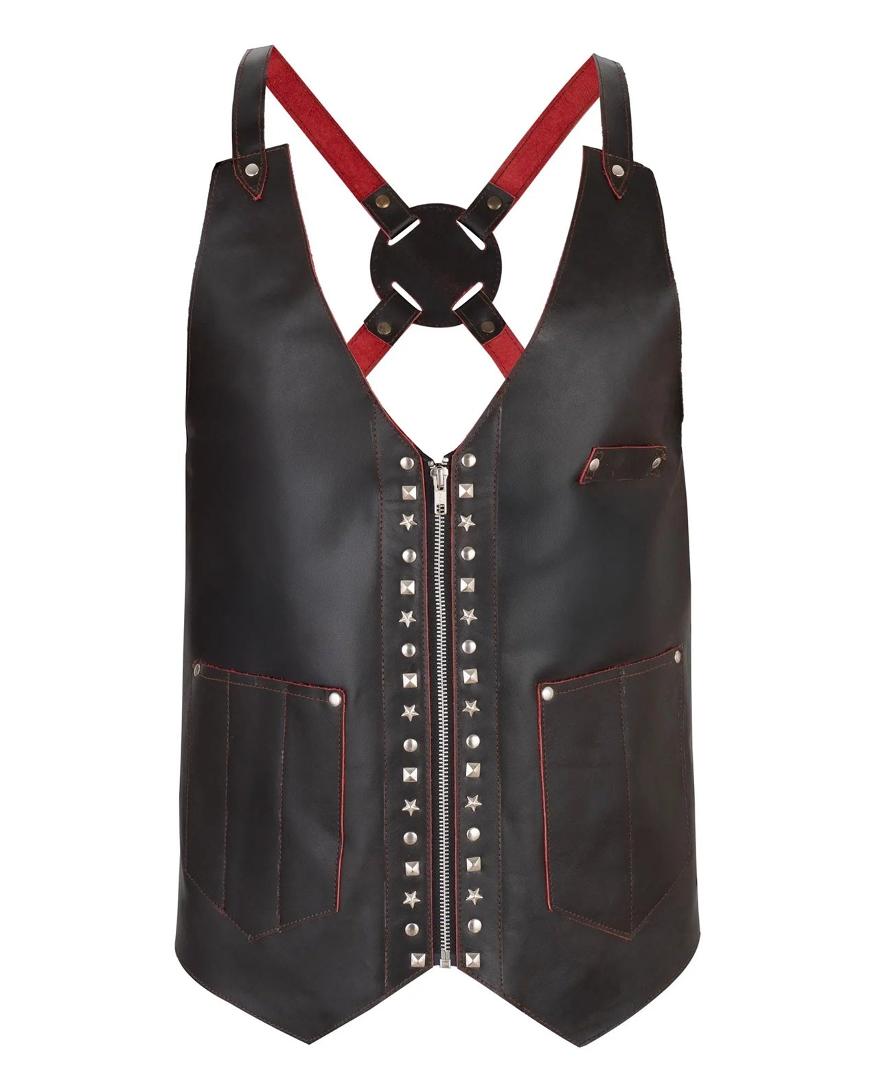 The Essex Chocolate Brown studd Leather Vest for Barbers and Bartenders