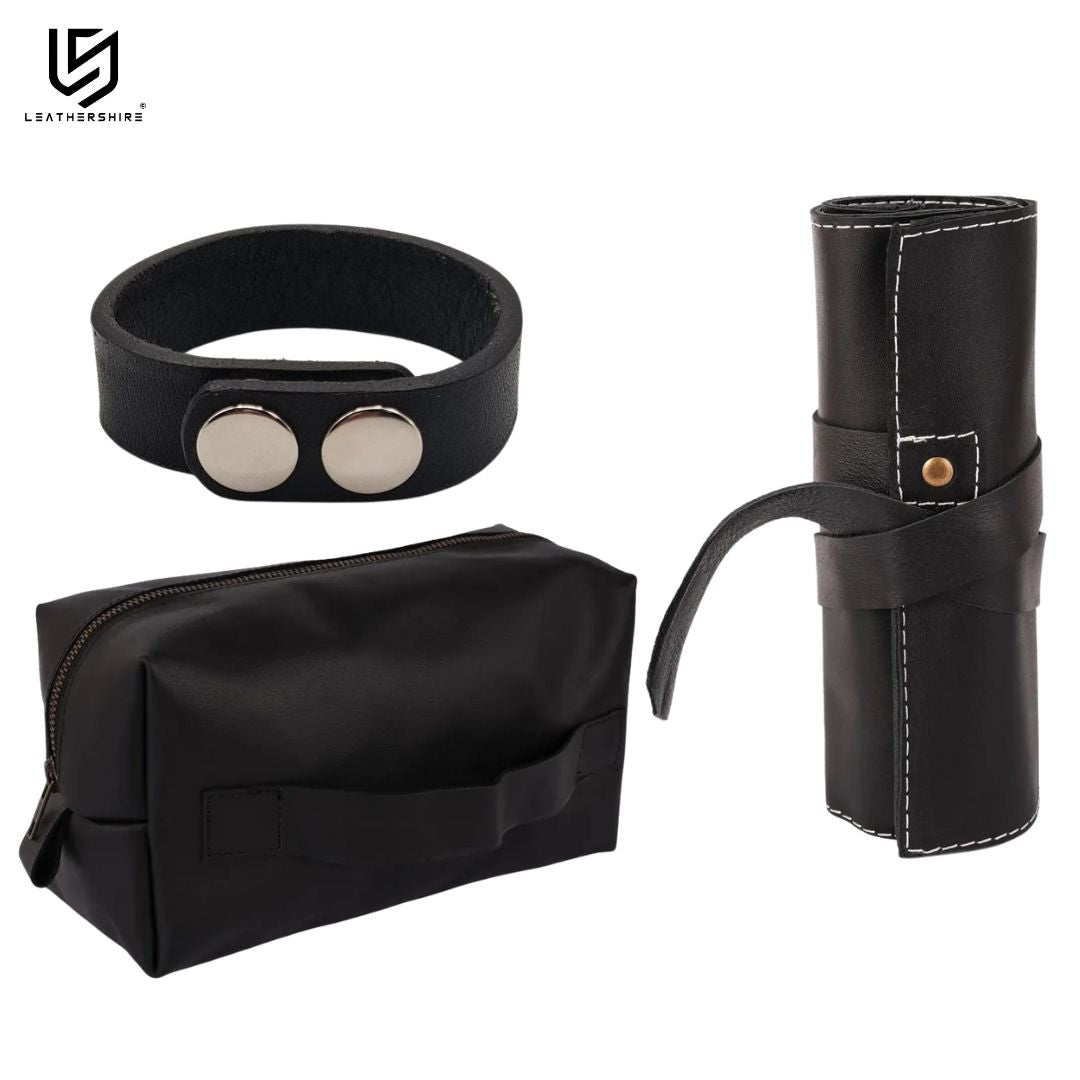 The Connecticut Men’s Grooming Set (3-in-1) Leather Black Watch Roll with Leather Wristband &  Leather Shaving Bag