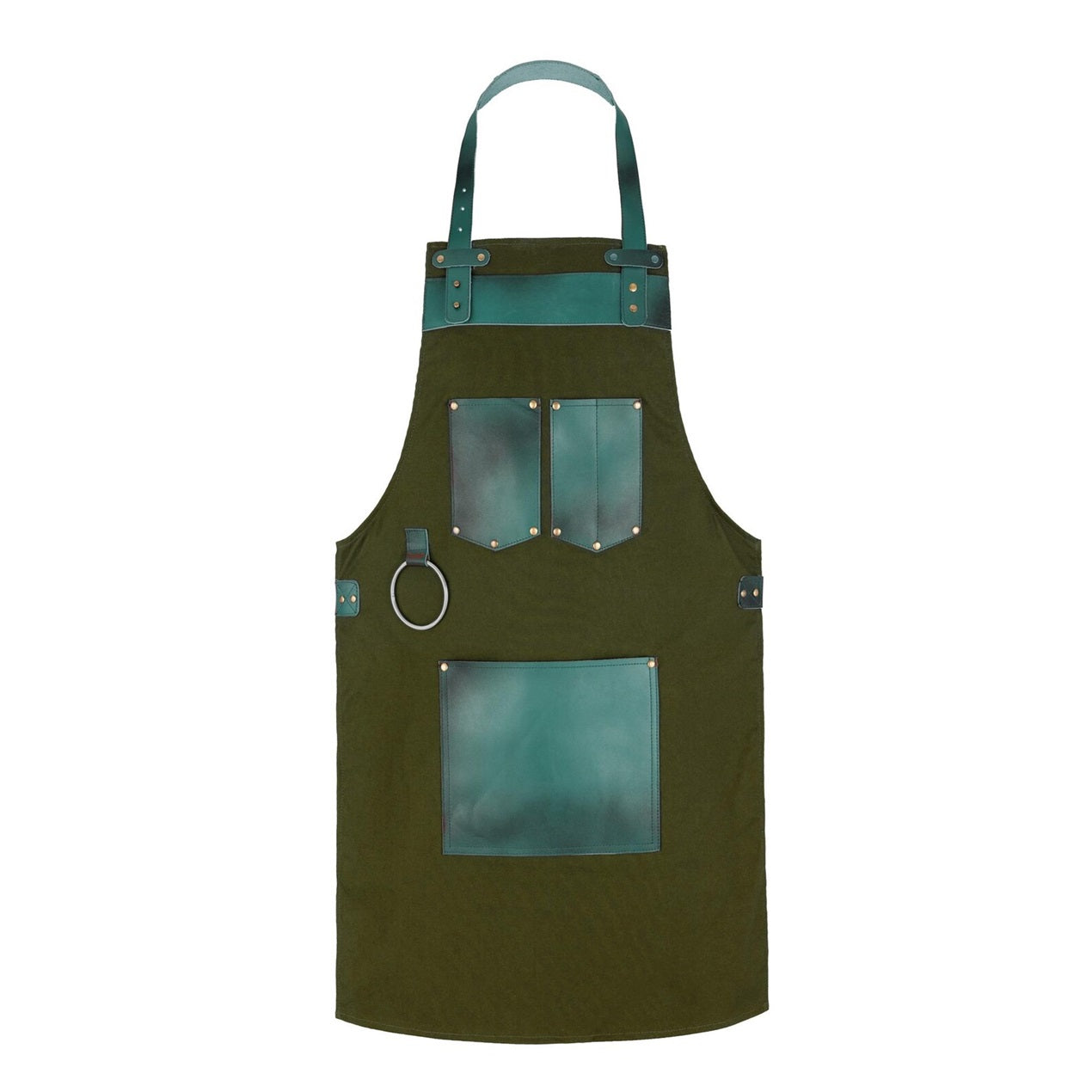The Michigan Full Grain Handmade Green Leather Pocket Canvas Apron
