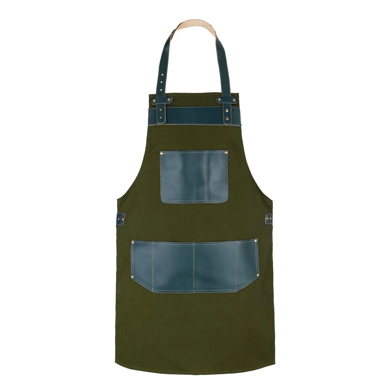 The Michigan Full Grain Handmade Green Leather Pocket Canvas Apron
