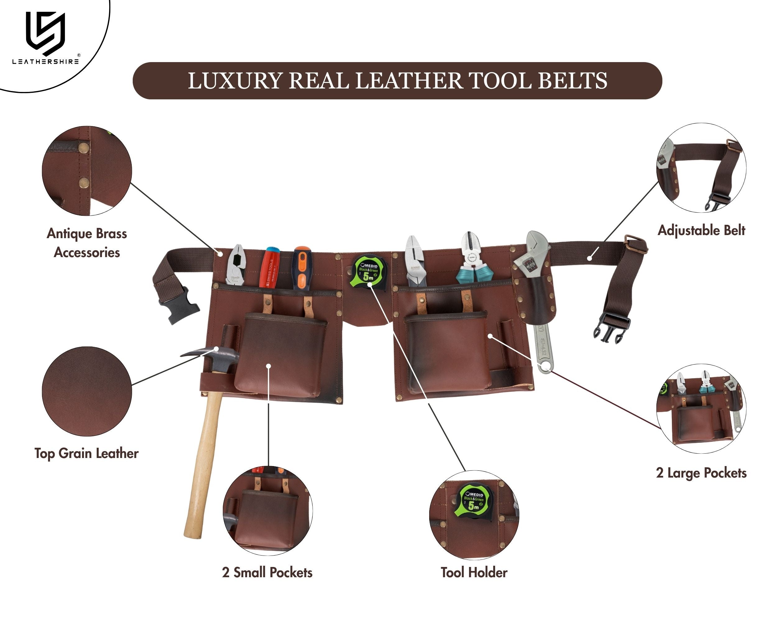 The Brown Full Grain Leather Tool Belt Wrench Holder Mechanics Tool Belt