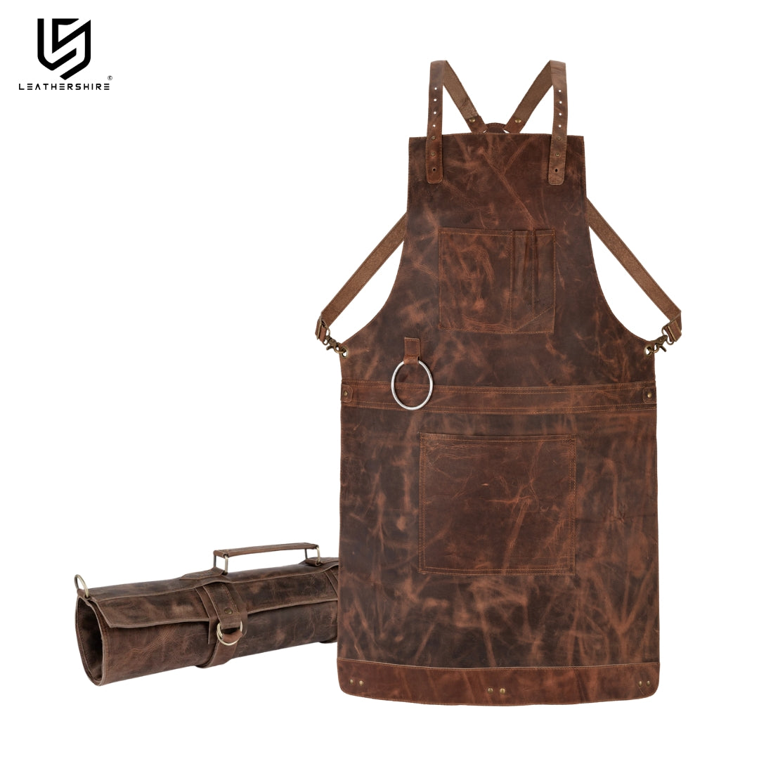 Dark Brown Leather Crossbody apron and Roll Gift Set