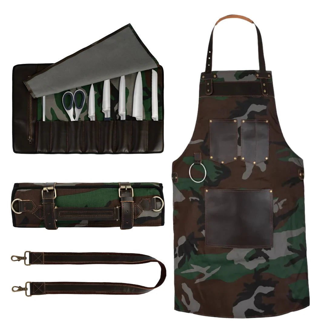 Chef Camo Dark Brown Leather apron and Roll Gift Set