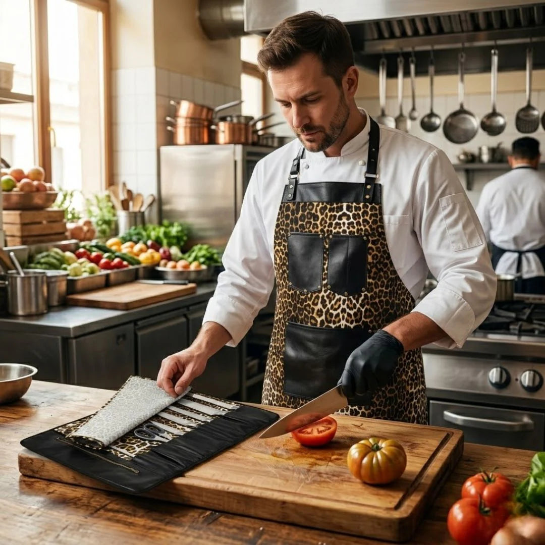 Chef Leopard Leather apron and Roll Gift Set