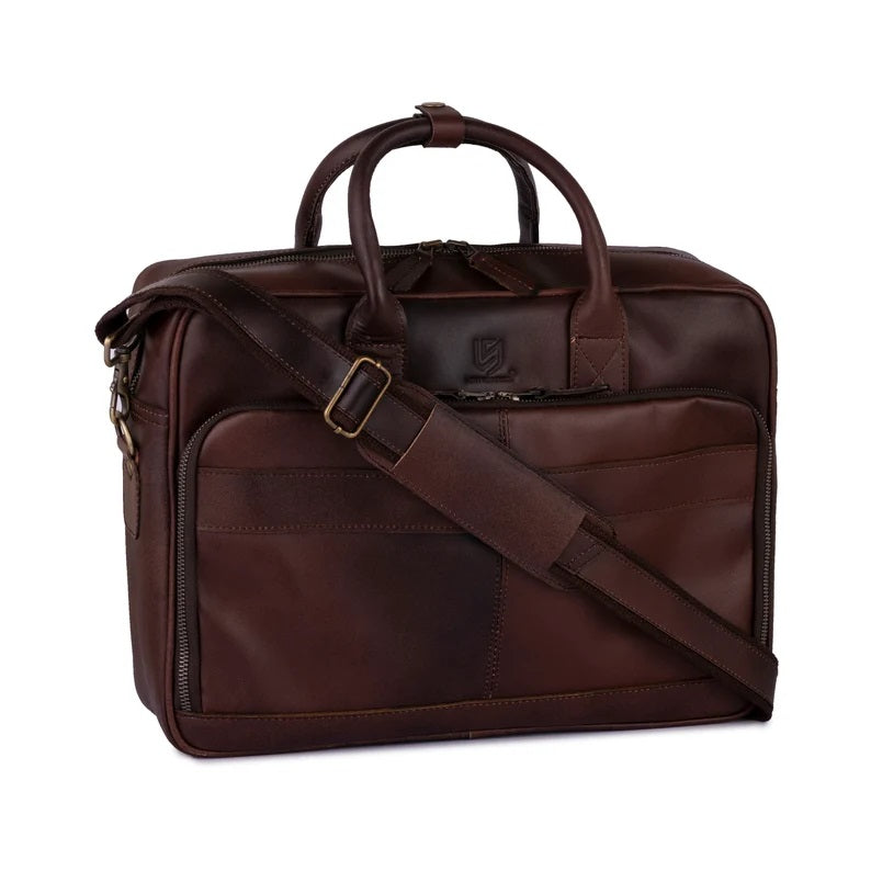 The Executive Office Set (4-in-1) Dark Brown Leather Laptop Bag & Laptop Sleeve with Leather Pencil  Roll & Leather Journal
