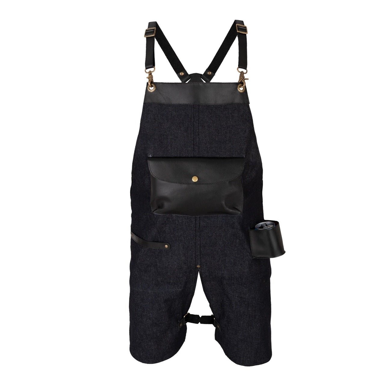 The Oregon Black Denim Split Leg Apron with Can Holder Leather Pocket