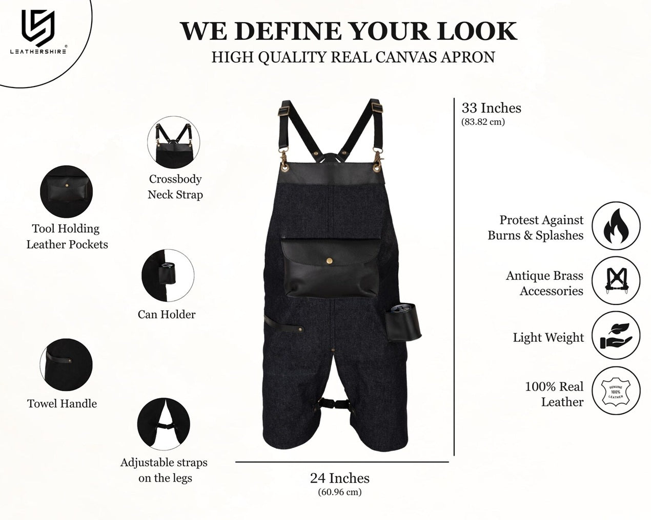 The Oregon Black Denim Split Leg Apron with Can Holder Leather Pocket