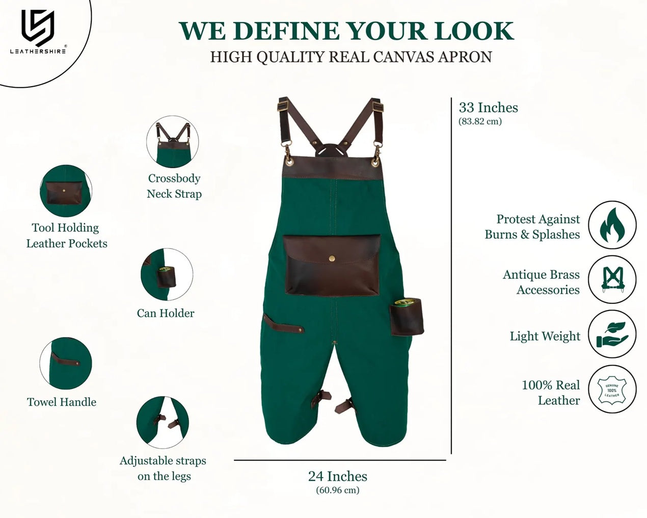 The Oregon Irish Green Split Leg Canvas Apron with Can Holder Leather Pocket