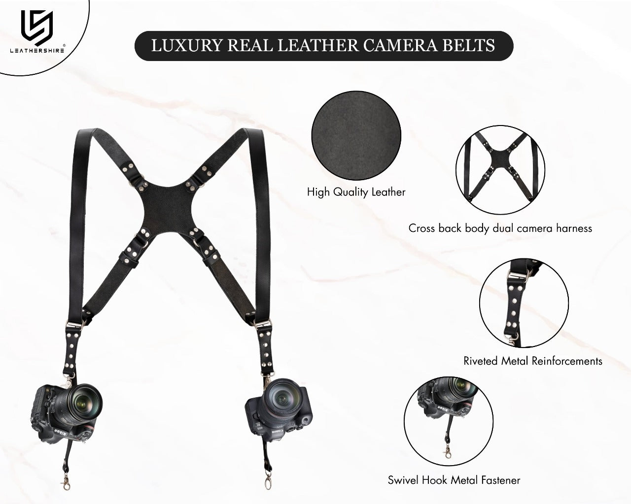 The Bedfordshire Black Leather Camera Harness Dual Camera Strap