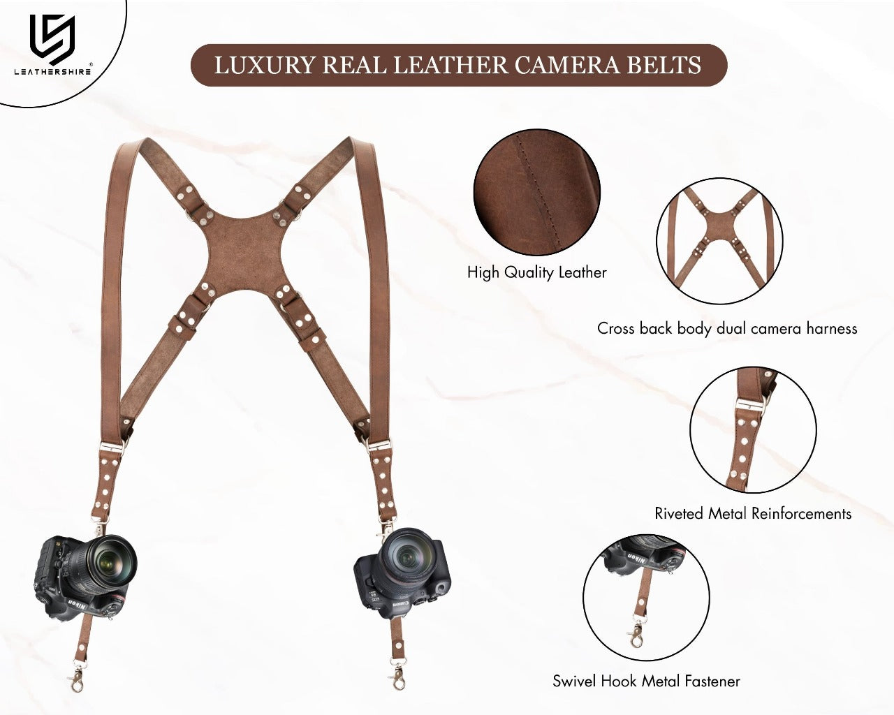 The Bedfordshire Dark Brown Leather Camera Harness Dual Camera Strap