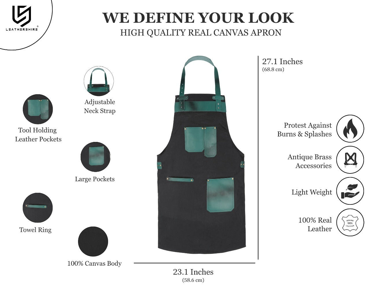 The Michigan Canvas Green Handmade Leather Pocket Apron