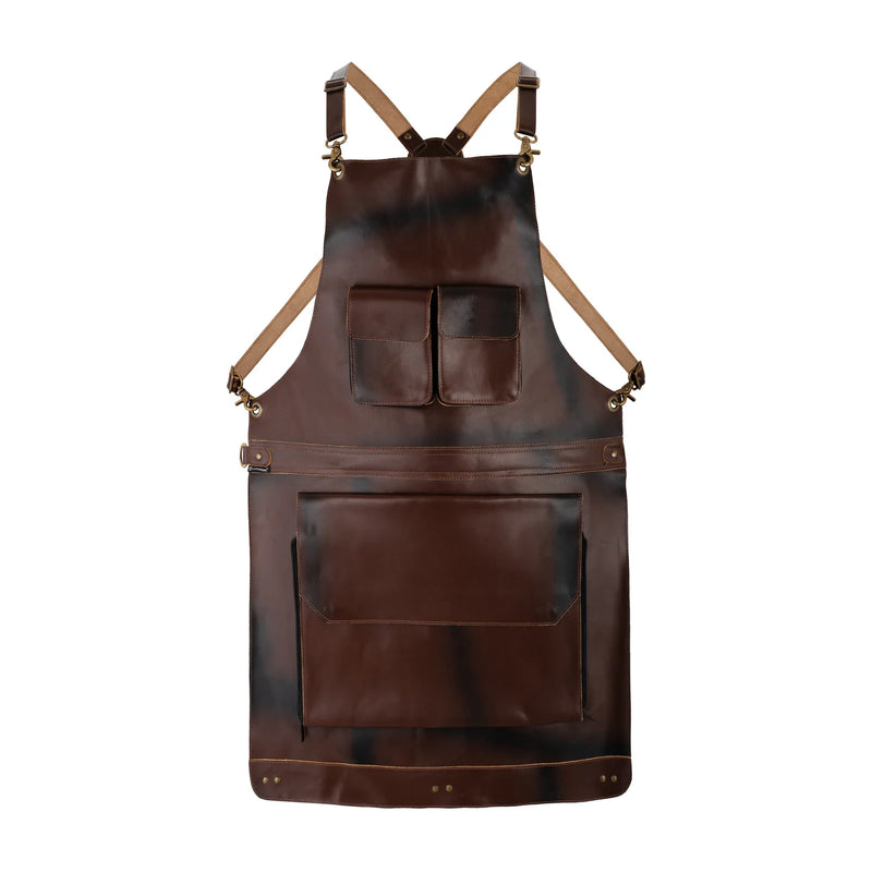 Dark Brown Full Grain Leather Apron with Cross Back Straps & Utility Pockets