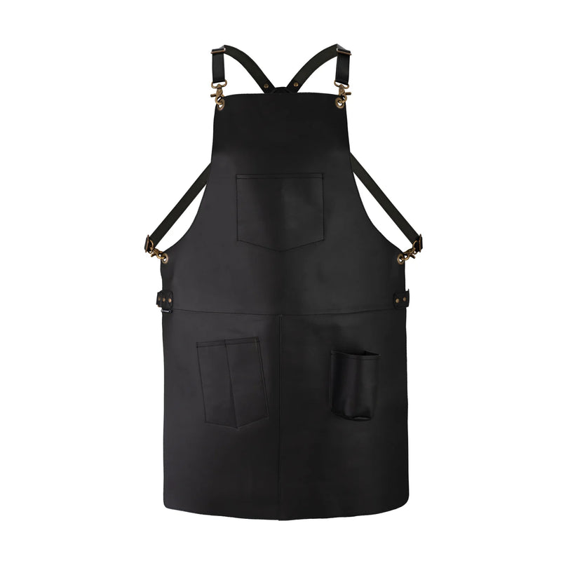 Handcrafted Black Full Grain Leather Apron with Tool Pockets | Adjustable Cross-Back Straps