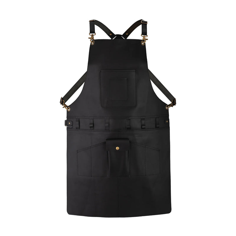 Premium Black Leather Utility Apron with Tool Organizer| Adjustable Cross-Back Harness