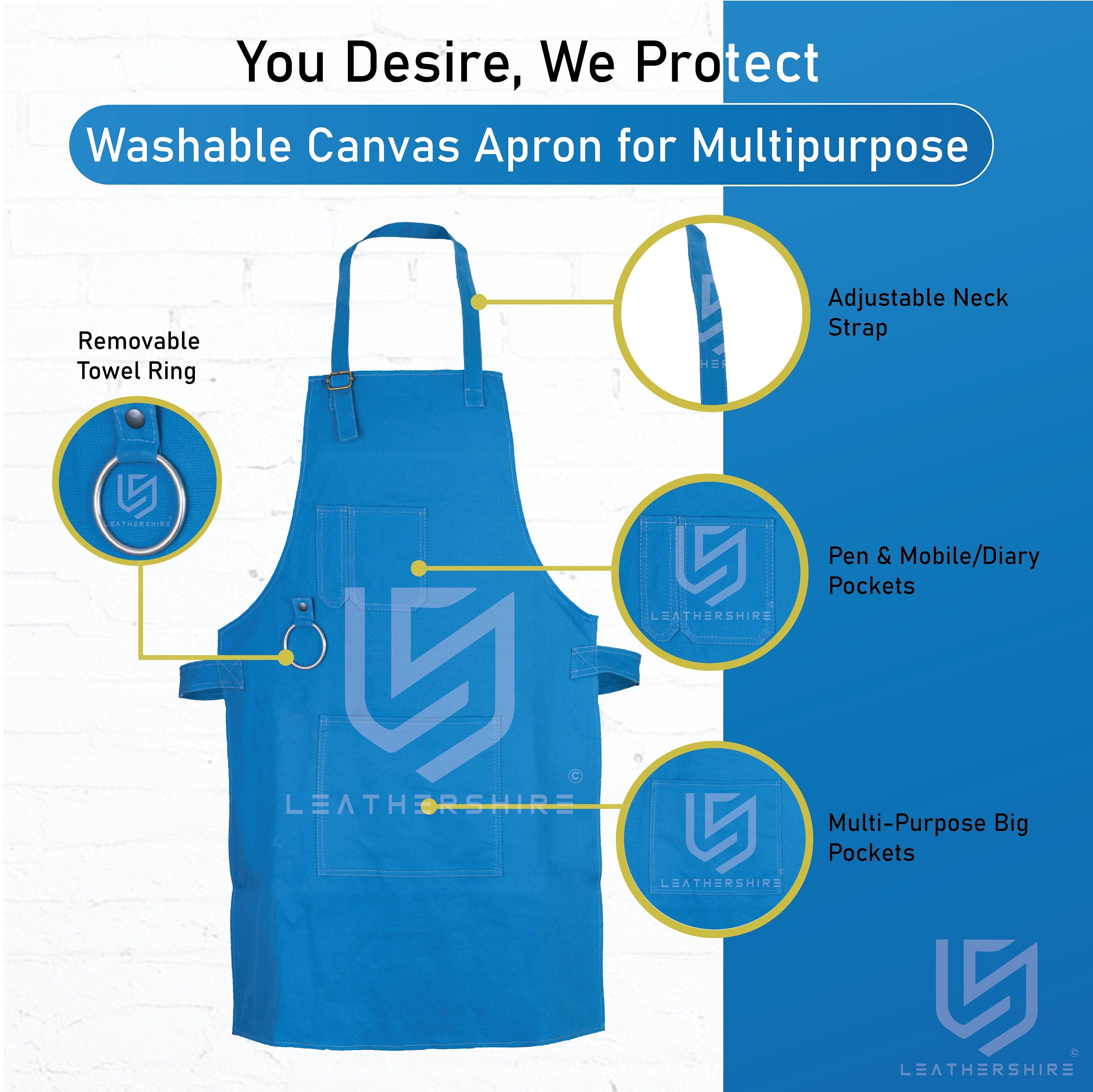 The Delaware Washable Blue Canvas apron with adjustable neck strap