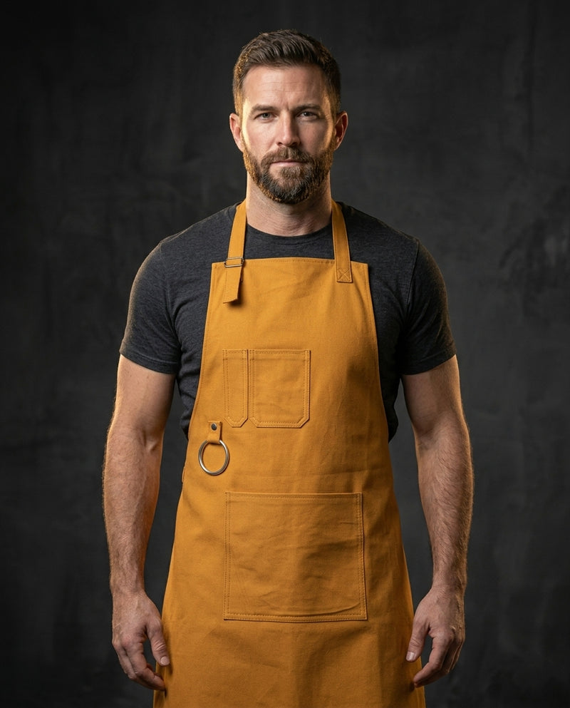 New Hampshire Washable Mustard Canvas apron with adjustable neck strap